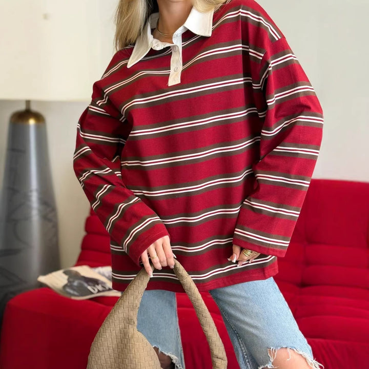 Kvinnestripet blusegenser med klassisk krage Skjora