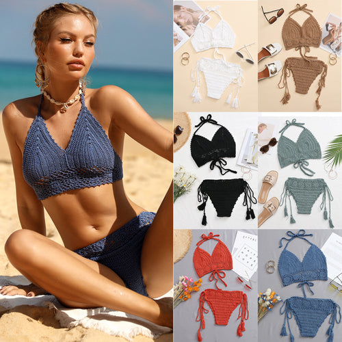 Damen Häkel-Bikini-Set mit verstellbaren Trägern und fransigen Details Skjora