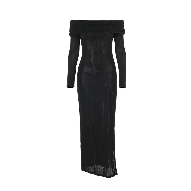 Dame off-shoulder maxikjole med elegant drapering og transparent overdel Skjora
