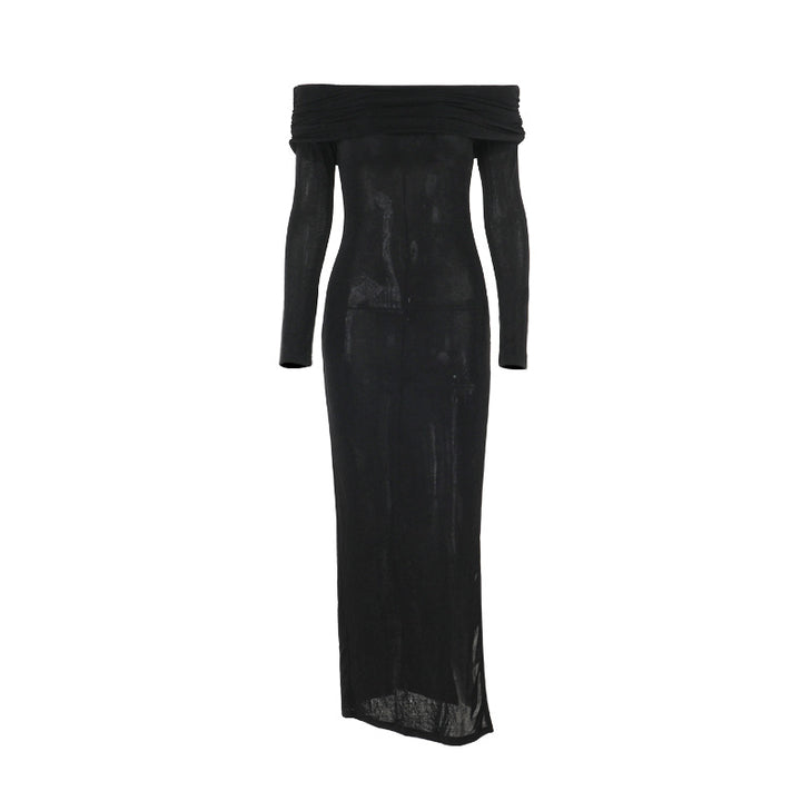Dame off-shoulder maxikjole med elegant drapering og transparent overdel Skjora