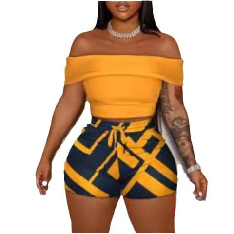 Dame Off-Shoulder Top og Høy Midje Shorts Sett Skjora