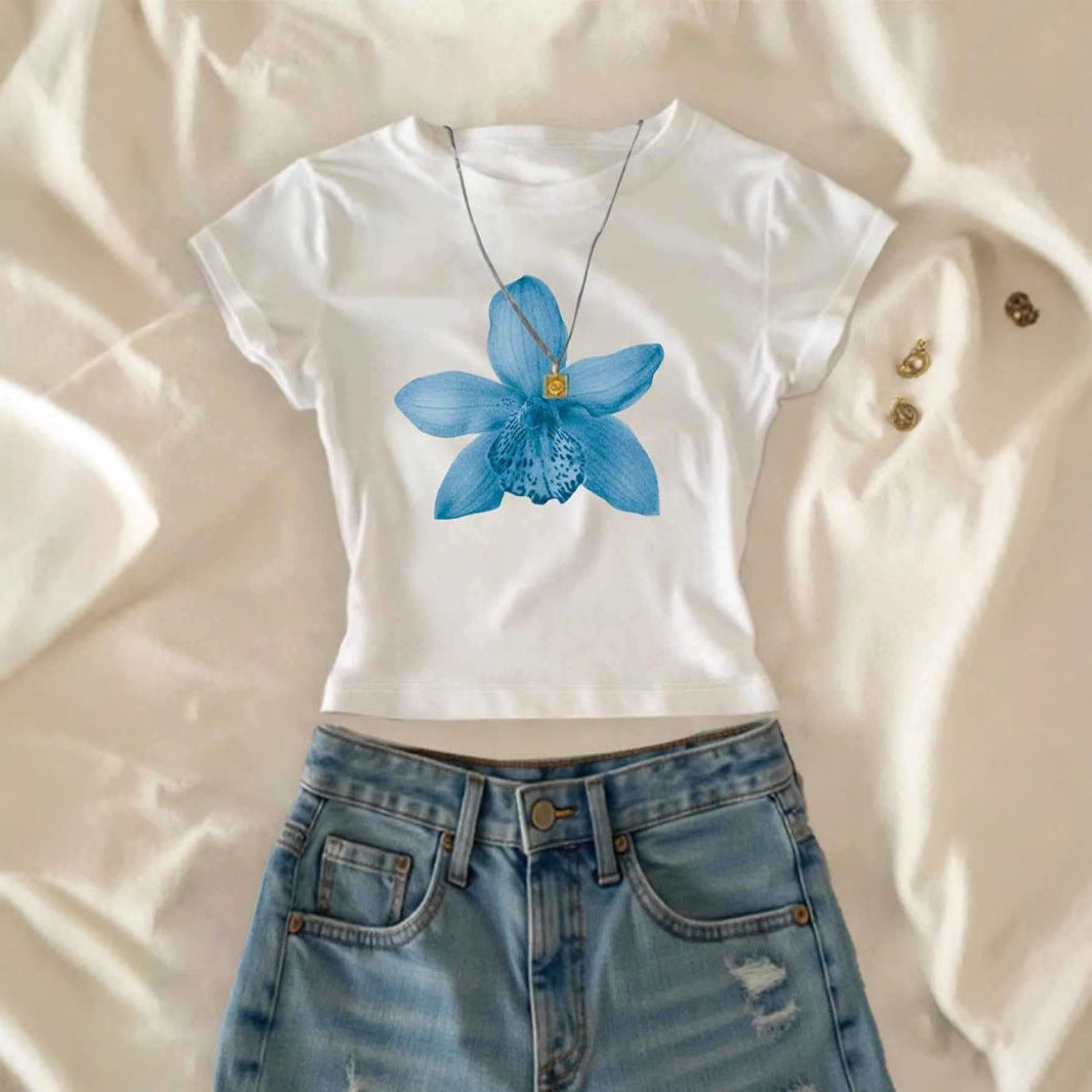 Dame Crop-T-skjorte med blomstertrykk og avslappet snitt Skjora