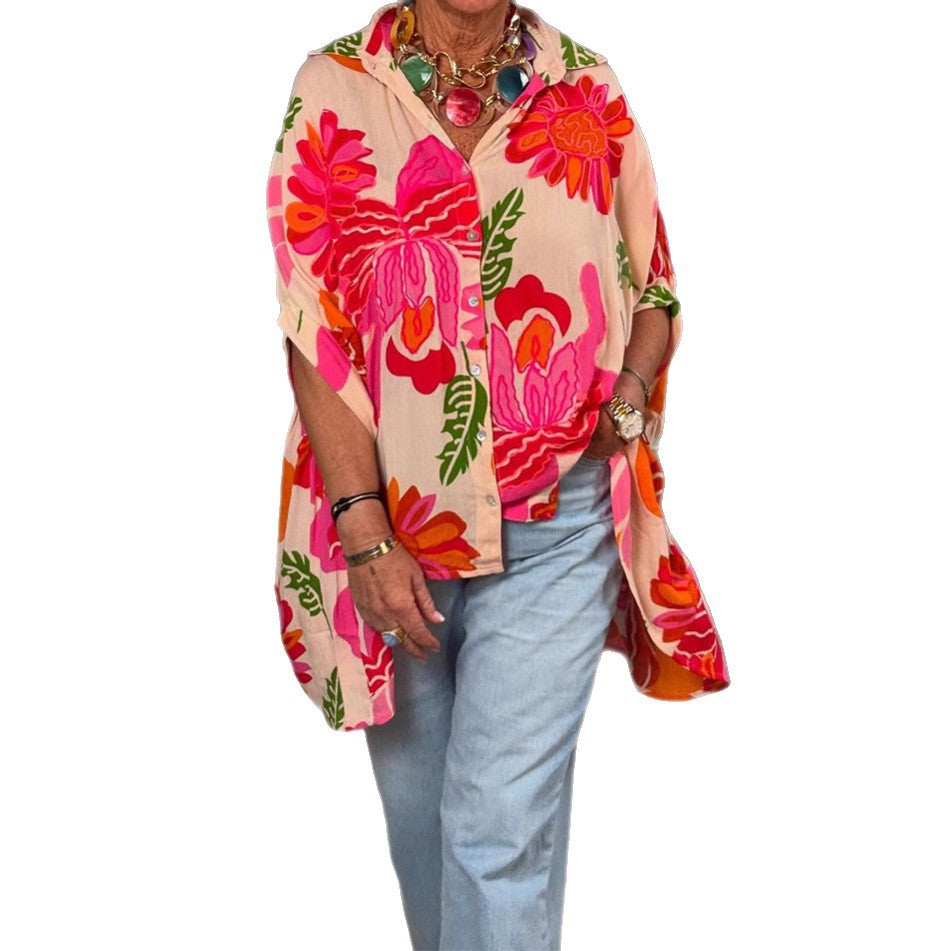 Kvinnenes Flytende Kimono Bluse med Fargerik Blomsterdesign Skjora