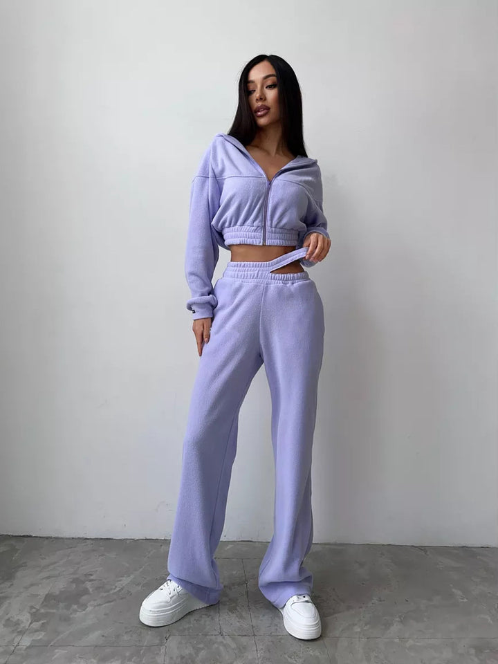 Kvinne Sporty Fleece Crop Top og Joggebukse Sett Skjora
