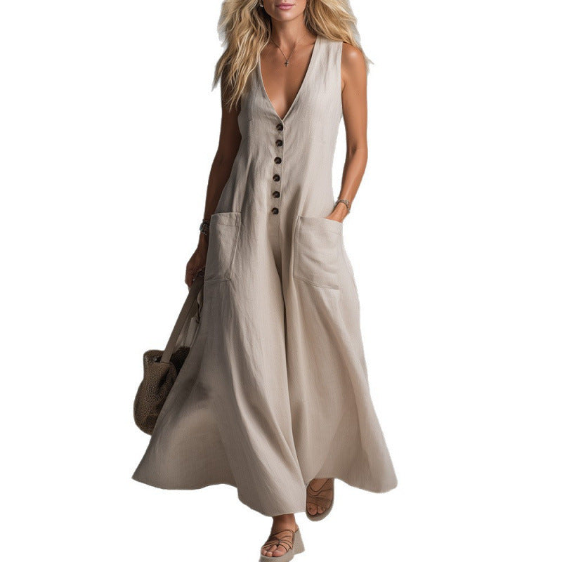 Damer eleganter jumpsuit med dyp V-hals og praktiske lommer Skjora