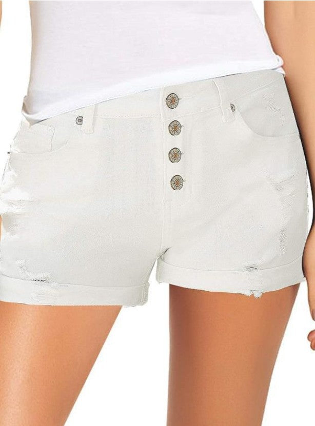 Dame moteriktig høy midje denim shorts med knappdetaljer og frayed hem Skjora