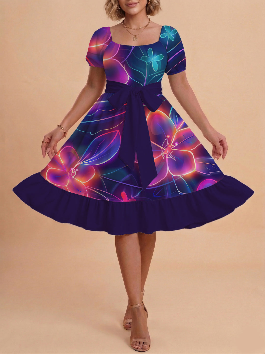 Damen Sommerkleid mit floralem Puffärmel und taillierbarem Gürtel Skjora