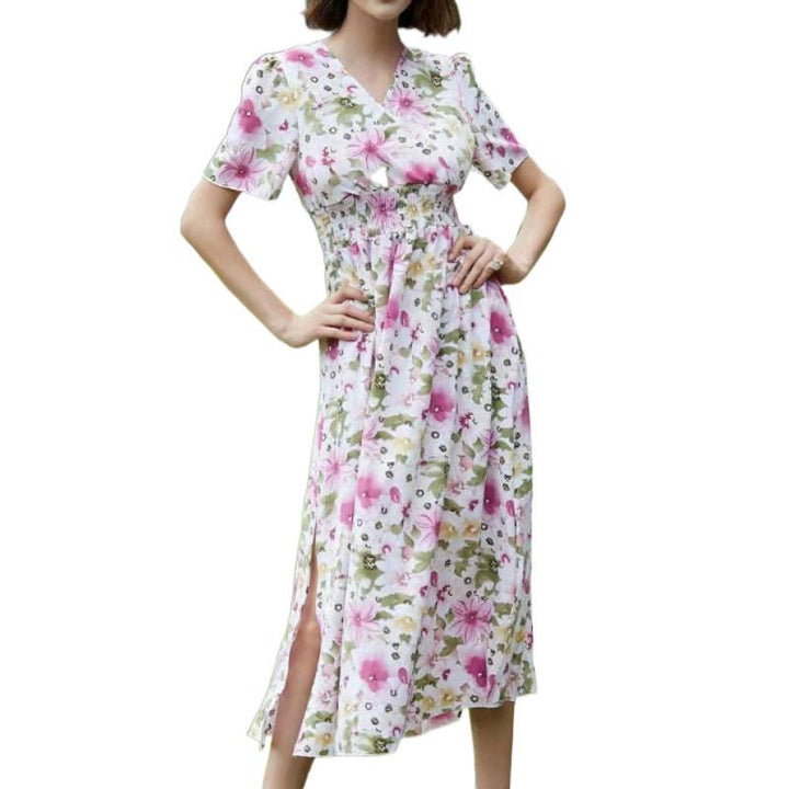 Dame maxikjole med flytende snitt og blomsterdesign Skjora