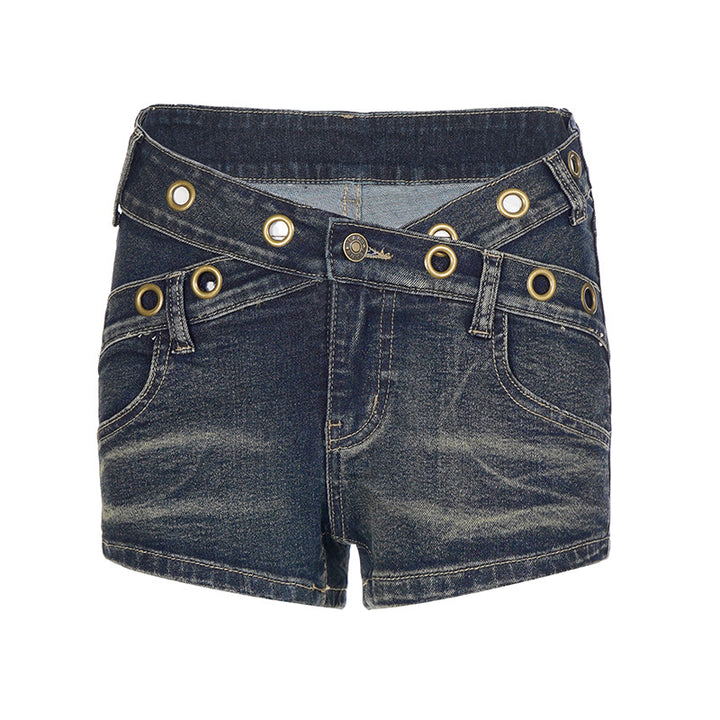 Dame Flared Jeans med dekorative knappedetaljer og trendy brukt finish Skjora