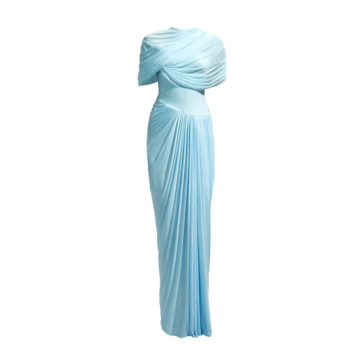 Dame Maxikjole med elegant drapering og asymmetrisk cut-out Skjora