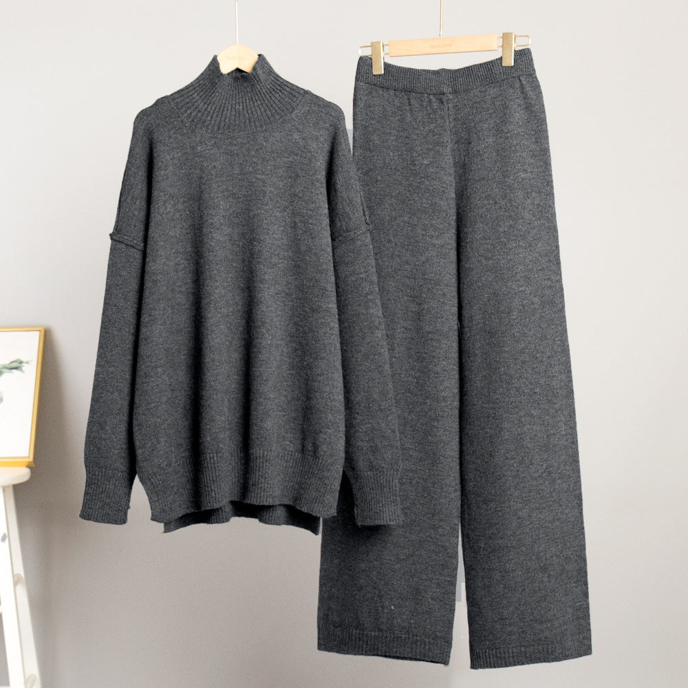 Dame Elegant Strikk Ensemble med Høy Krage og Løs Passform Skjora