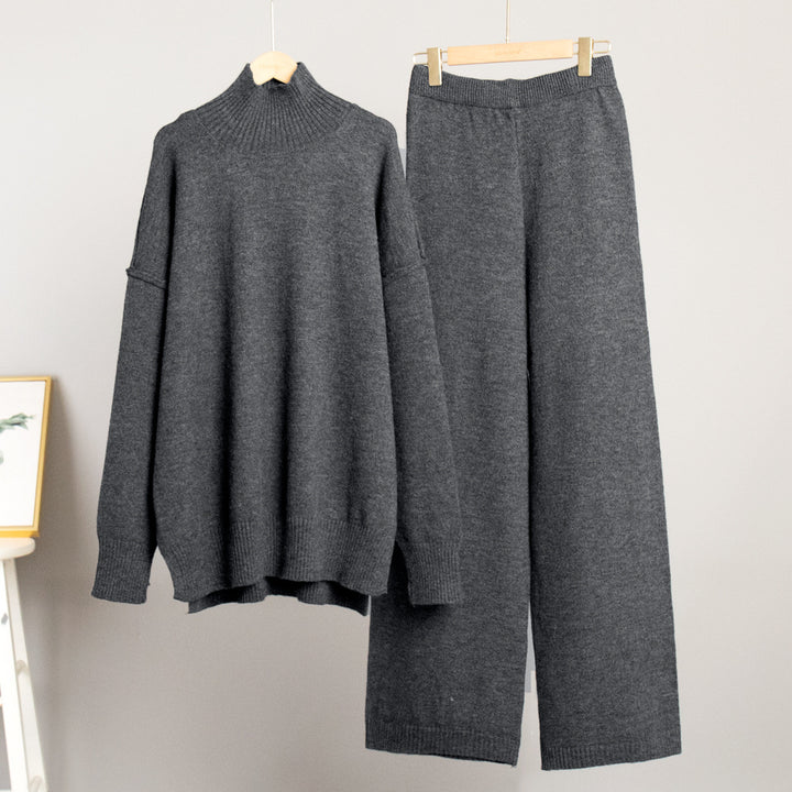 Dame Elegant Strikk Ensemble med Høy Krage og Løs Passform Skjora