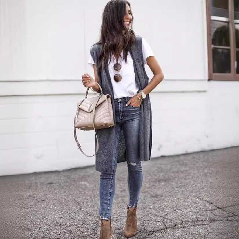 Dames Elegant Lang Strikket Vest i Uformell Stil
