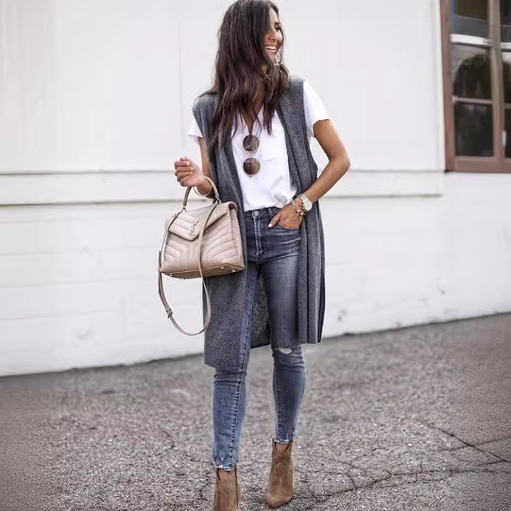 Dames Elegant Lang Strikket Vest i Uformell Stil