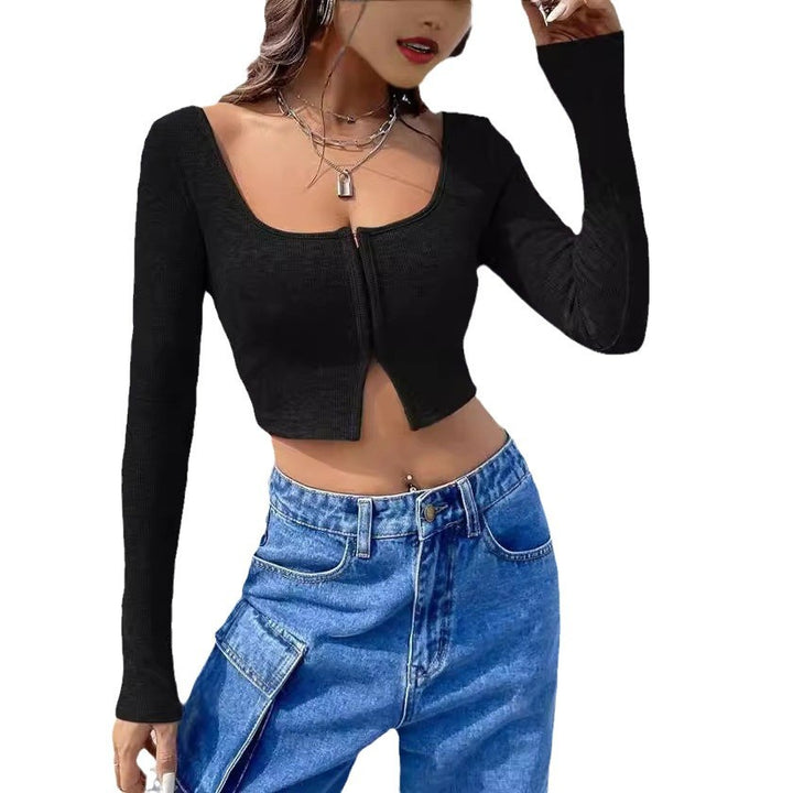 Dame Cropped topp med glidelås og lang arm Skjora