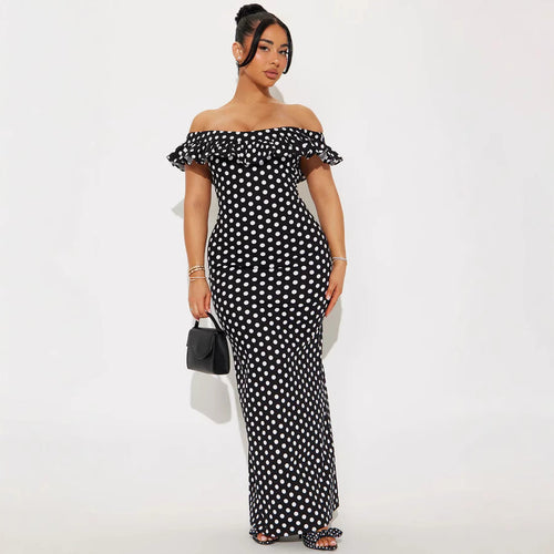 Damen Elegantes Maxikleid mit Rüschendetails und Polka-Dots Skjora