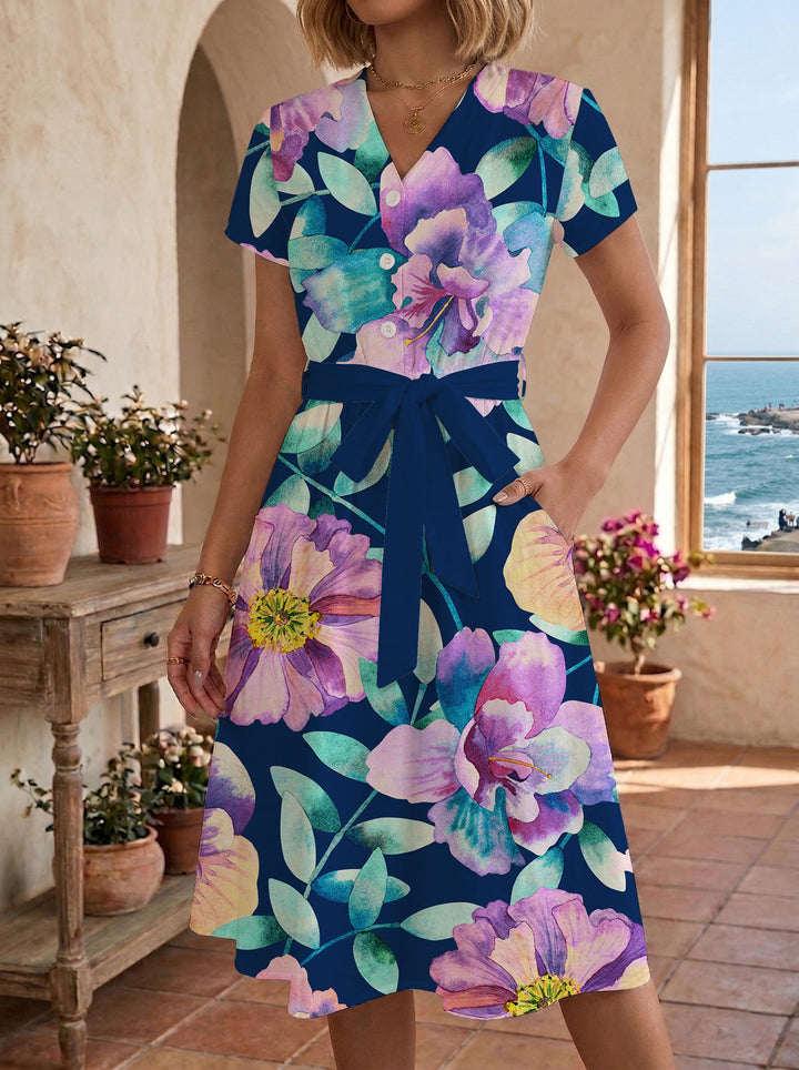 Damen Midikleid mit floralem Muster und Taillengürtel Skjora