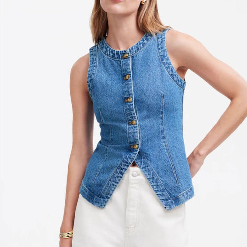Dame jeans vest med asymmetrisk snitt og dekorative knapper Skjora