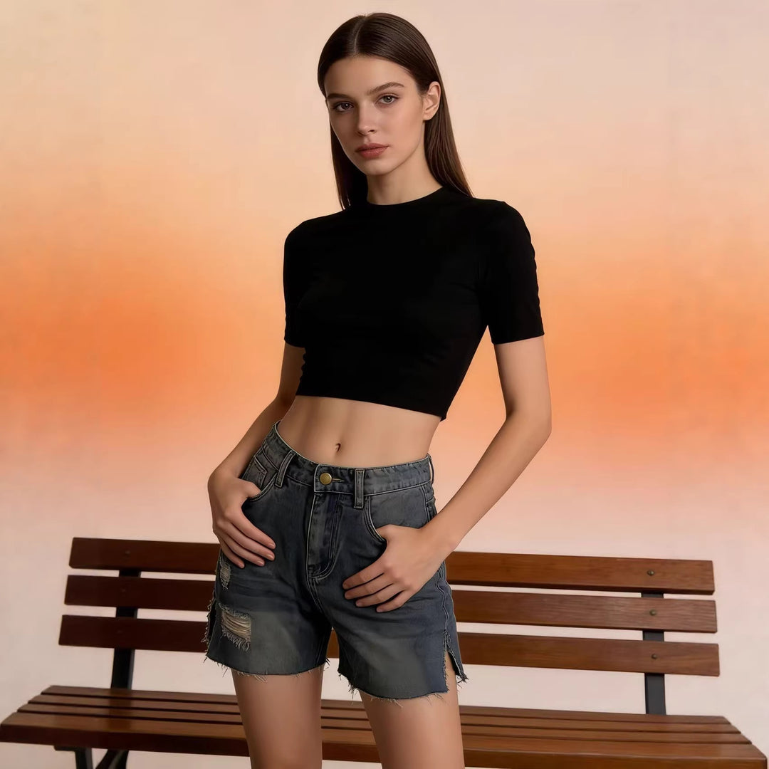 Damer casual jeansshorts med frynset avslutning og sidelapp Skjora