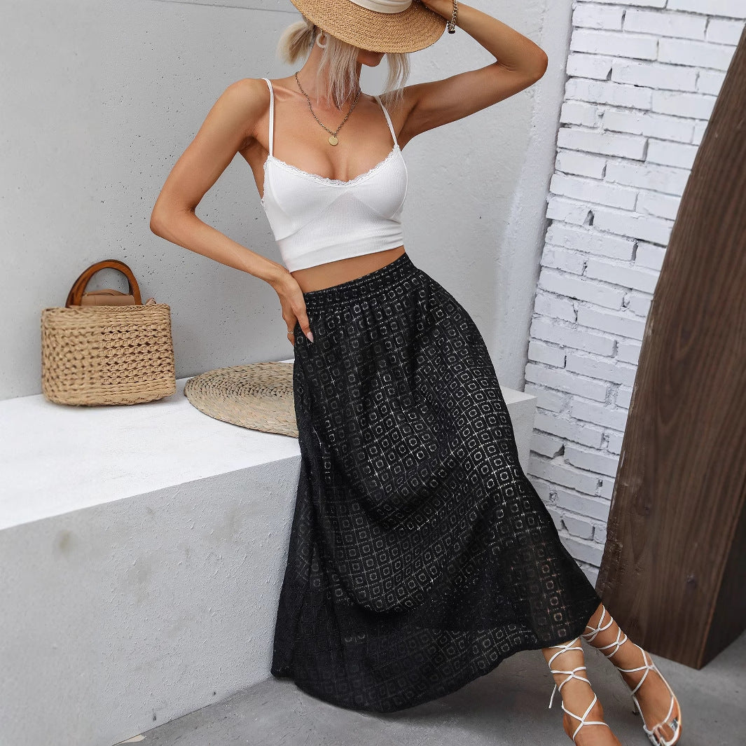 Dame maxi skjørt med elegant geometrisk design og elastisk midjebånd Skjora