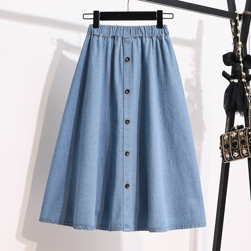 Women's Long Denim Skirt with Decorative Snap Buttons Skirt