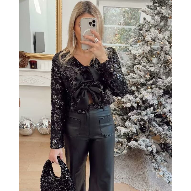 Kvinne Glitrende Paljettjakke med Elegante Sløyfedetaljer Skjora