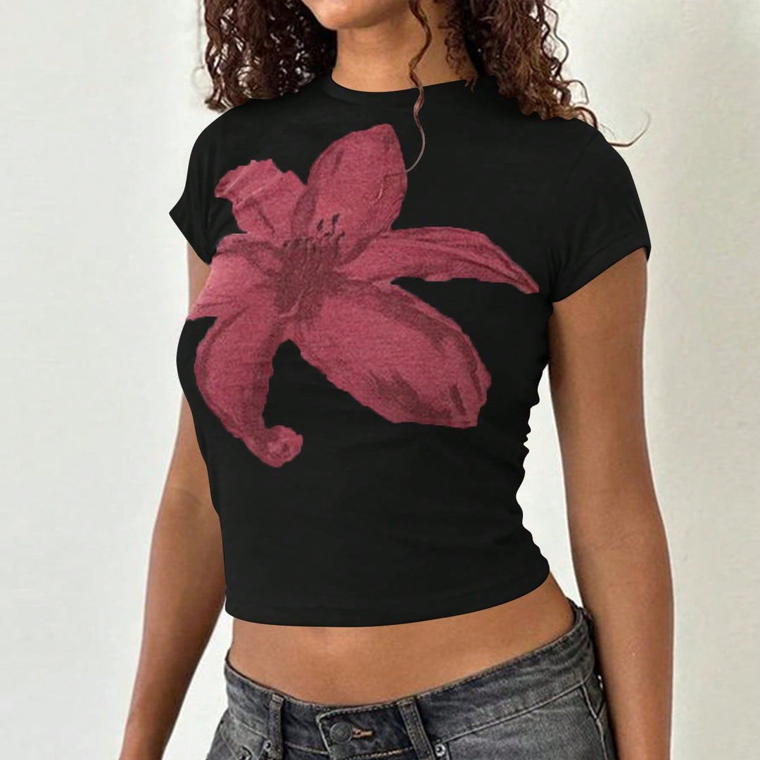 Dame Crop-T-skjorte med floralt design og kroppsnær passform Skjora