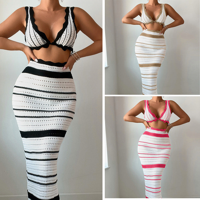 Damen Häkel-Crop-Top und Maxirock Set Skjora