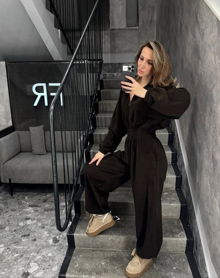 Dame Fleece Jumpsuit med Høy Krage og Elastisk Midjebånd
