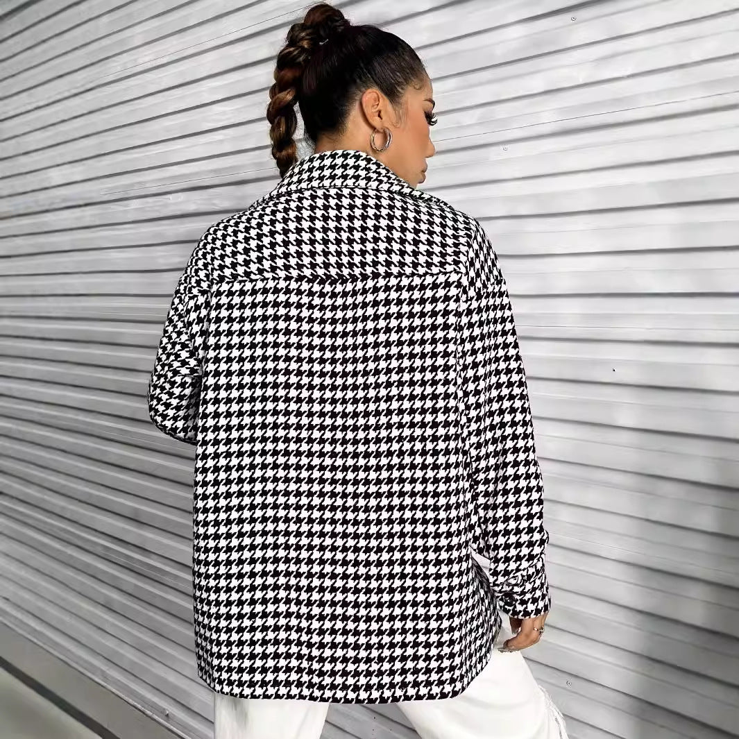 Dame oversized bluse i hundetannmønster med lapp Skjora