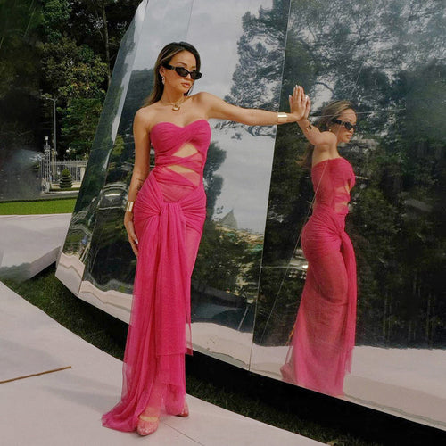 Damer Elegant strapless Maxikjole med raffinerte draperinger og transparent utseende Skjora