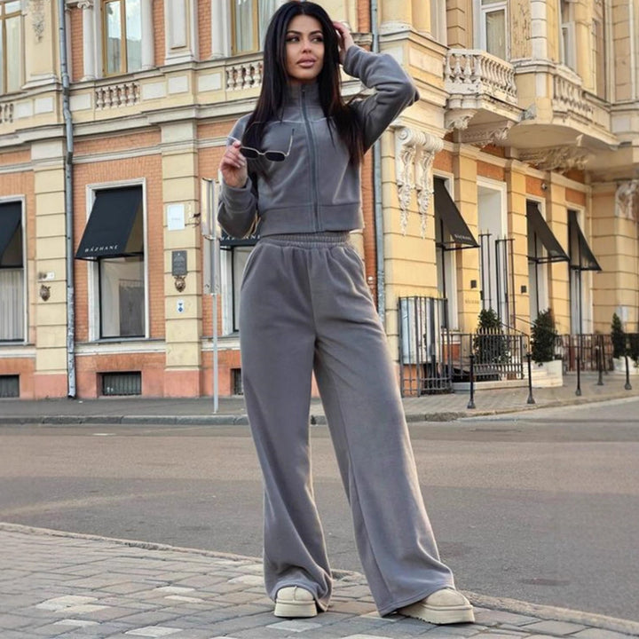 Damer Casual Fleece Cropped Set med Løs Passform og Elastisk Liv Skjora
