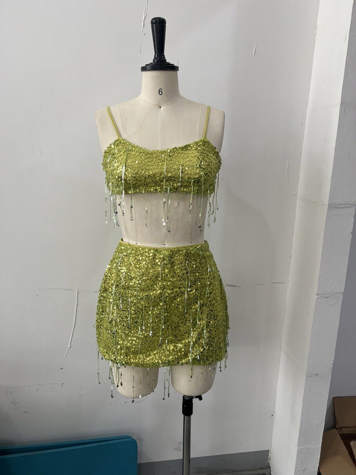 Damer Glitrende Crop-Top og Miniskjørt-sett med Frynser Skjora