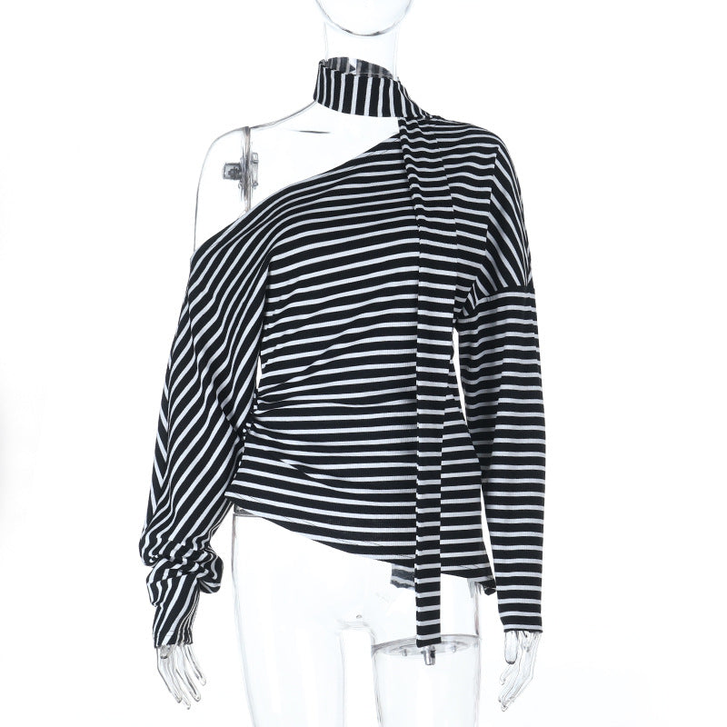 Dame asymmetrisk stripet topp med off-shoulder design og elegant sløyfe Skjora