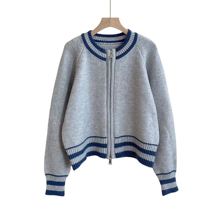 Damer moteriktig strikket cardigan med glidelås og sporty stripe mønster Skjora