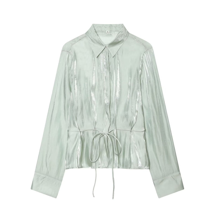 Damer glitrende bluse med justerbar midje og elegant krage Skjora