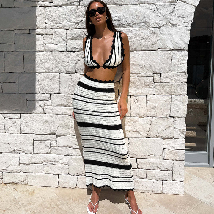 Dame strikket Crop-Top og Maxi-nederdel Sett Skjora