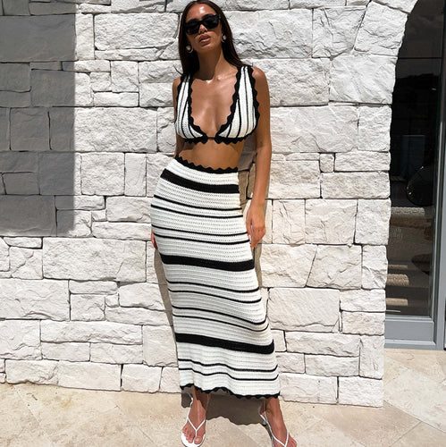 Dame strikket Crop-Top og Maxi-nederdel Sett Skjora