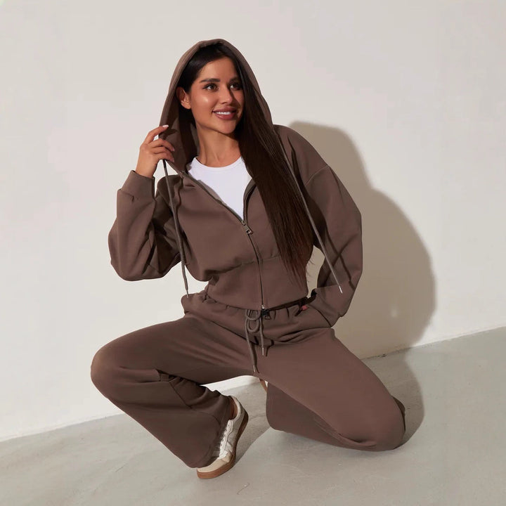 Kvinnelig casual hettegenser topp og vide joggebukser sett med høy midje og glidelås Skjora