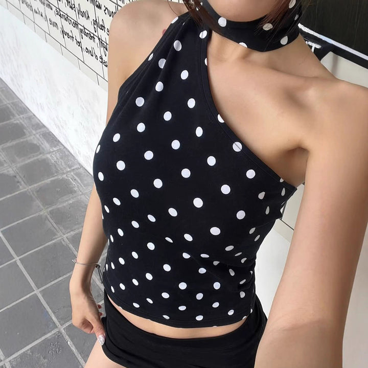 Dame Off-Shoulder Bluseskjorte med asymmetrisk design og lekent prikkemønster Skjora