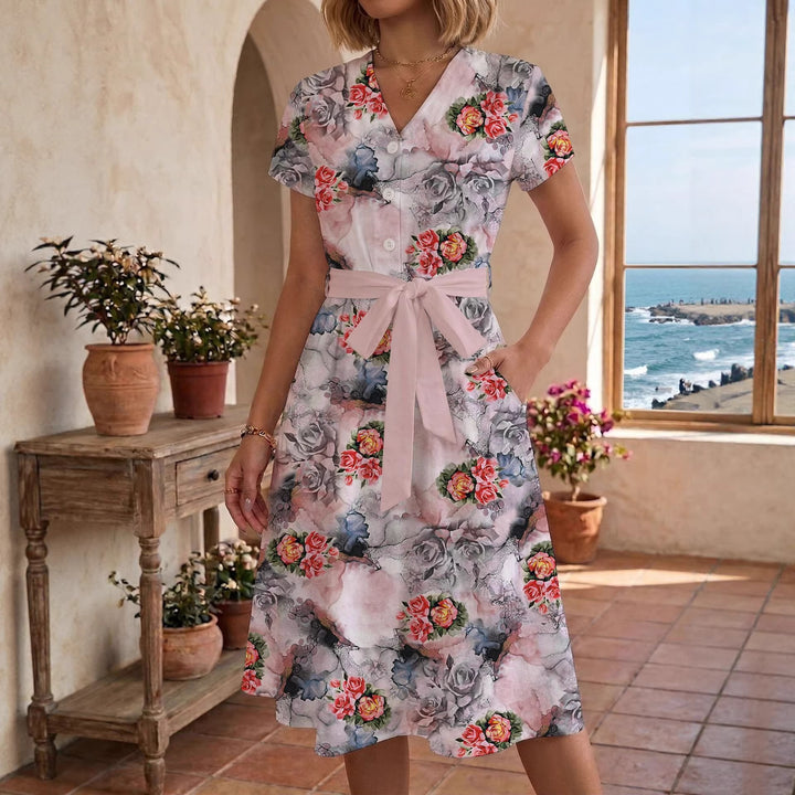 Damen Sommerliches Kleid mit taillierbarem Bindegürtel und floralem Muster Skjora