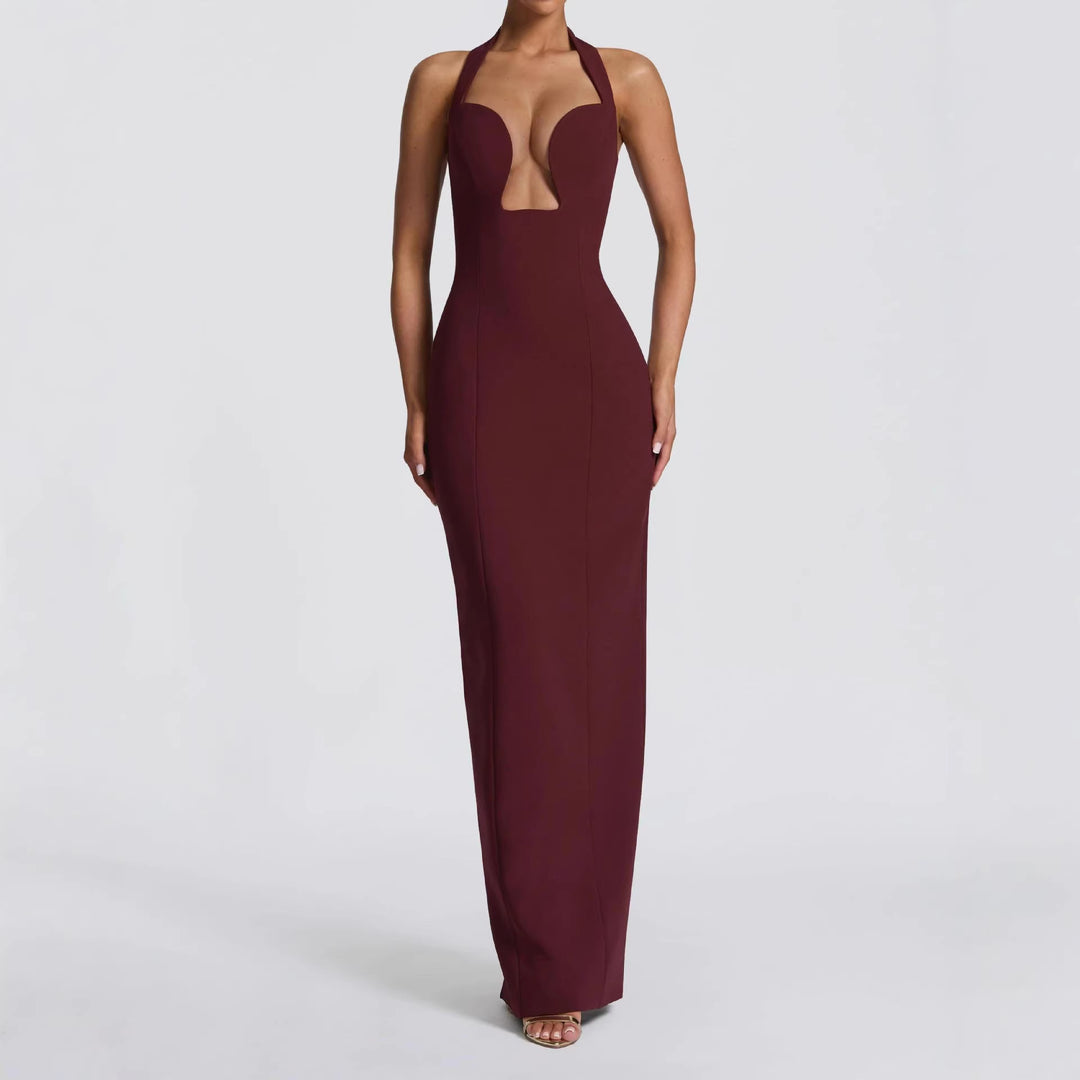 Women's Maxi Dress with Deep Neckline and Pockets Skjora