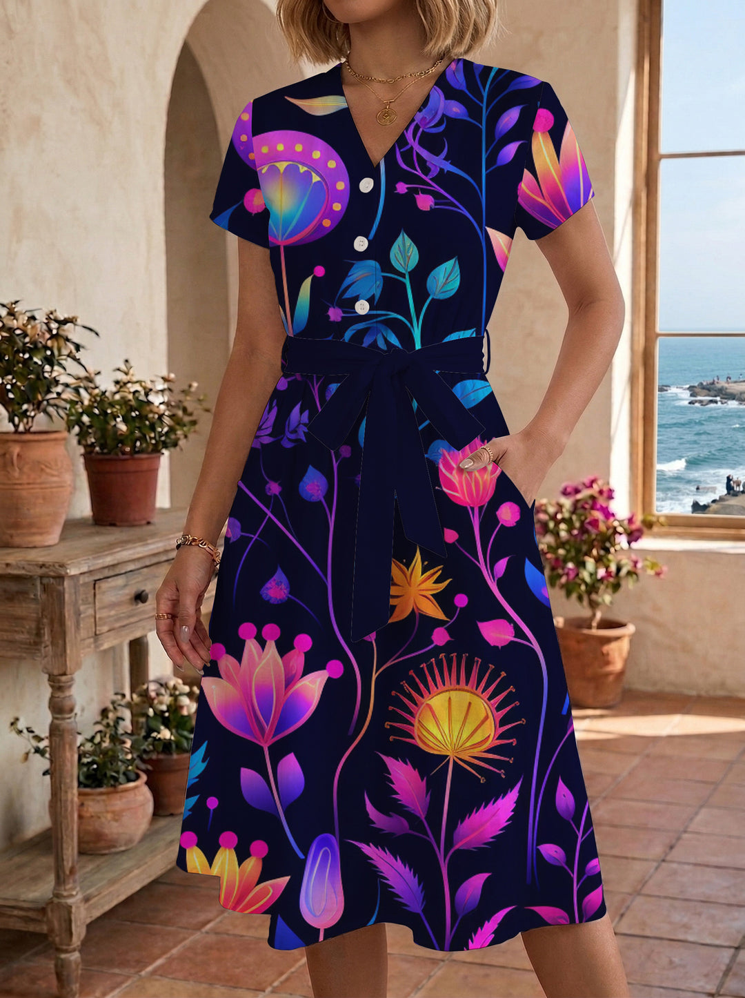 Damen Midikleid mit floralem Motiv und Taillengürtel Skjora