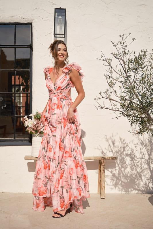 Women's maxi dress with floral ruffles and a flowing design