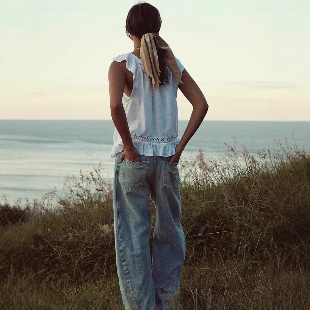 Dame luftig linne-crop-top med volanger Skjora