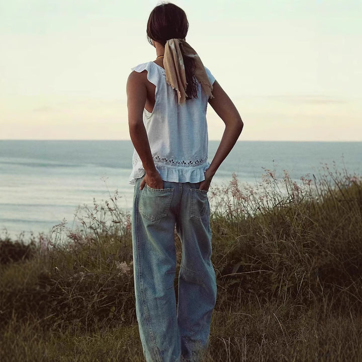 Dame luftig linne-crop-top med volanger Skjora