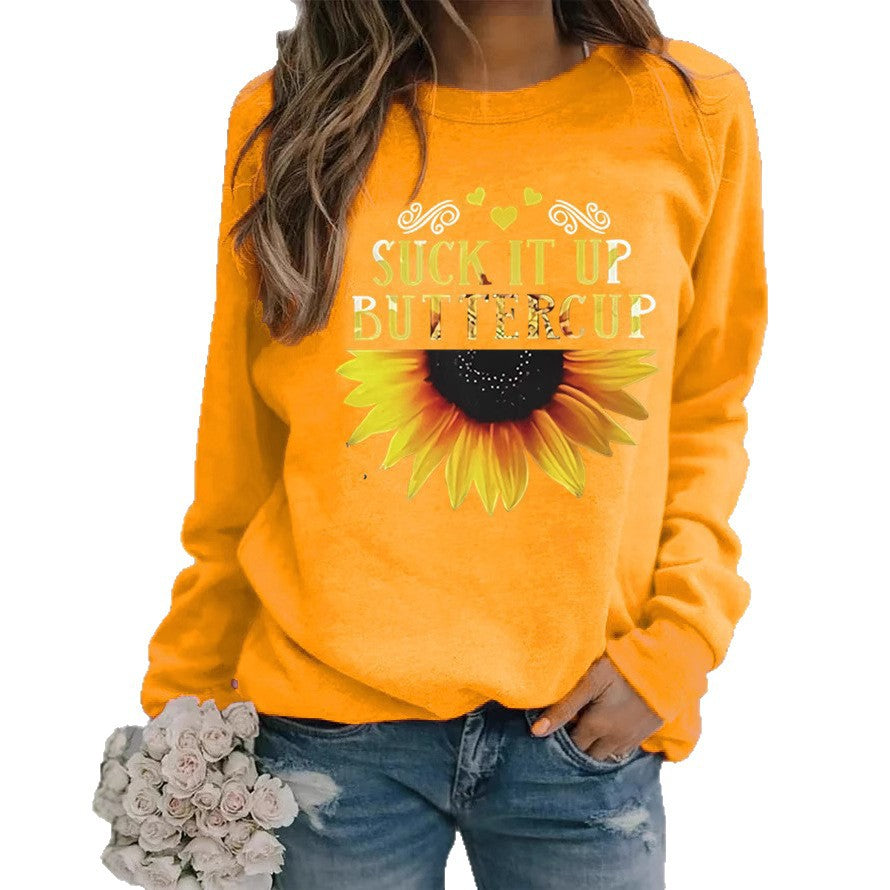 Dame sweatshirt med kreativ solfleurtrykk og motiverende sitat Skjora