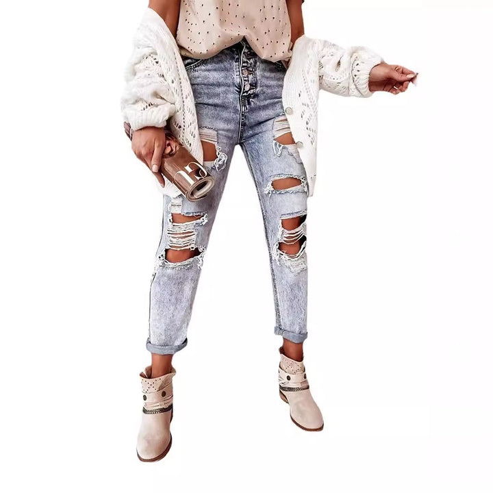 Kvinners ødelagte jeans i avslappet boyfriend-snitt med høy midje og detaljer Skjora