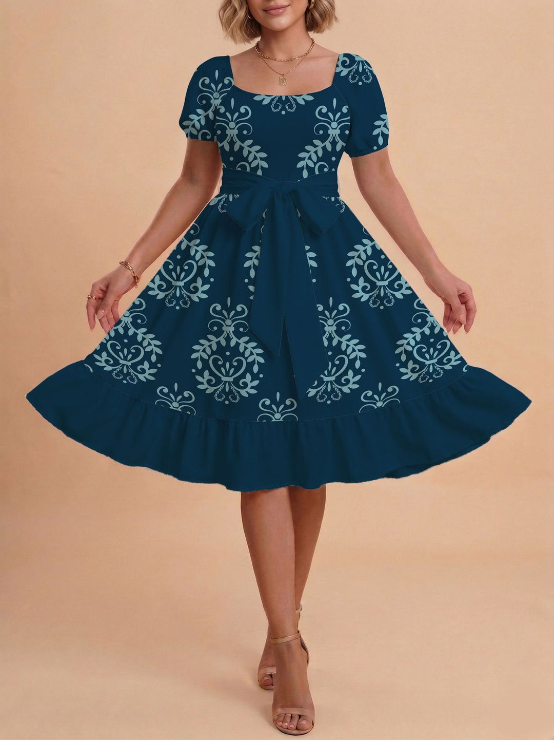Damen Retro Maxikleid mit Puffärmeln und Taillengürtel Skjora