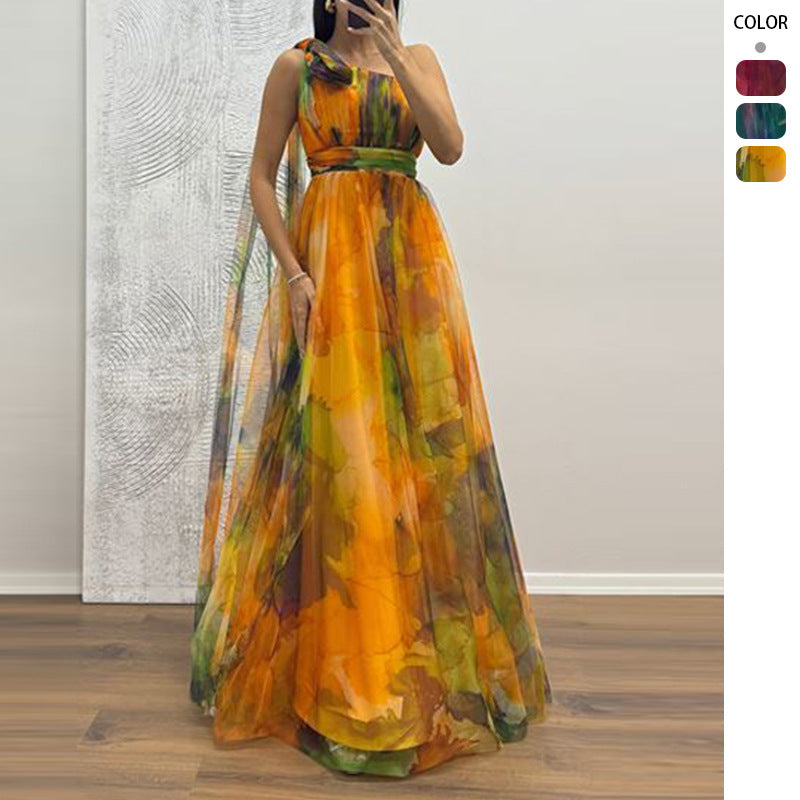 Kvinners Festlige Maxi Kjole med Gjennomsiktig Chiffon Overlay og Delikat Volangdesign